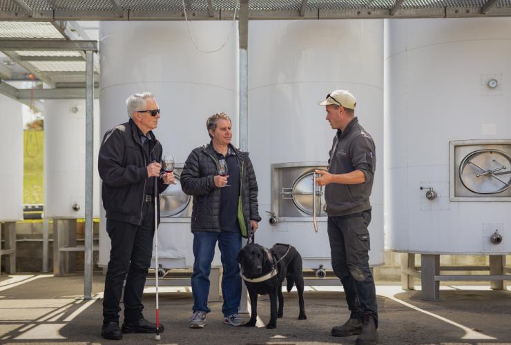 塔斯马尼亚州，里奇蒙，一名男子带着导盲犬与朋友和导游一起在普德莱达克葡萄园品尝美酒 © Dearna Bond 版权所有